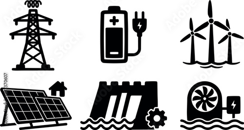 Flat design renewable energy icon set showing transmission tower battery plug wind turbines solar panels hydro dam and tidal turbine