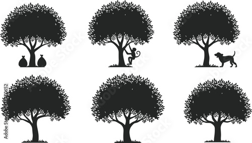 Orchard tree silhouettes collection, monkey climbing tree, dog standing by trunk, apple harvest sacks, cad drawing flat vector,