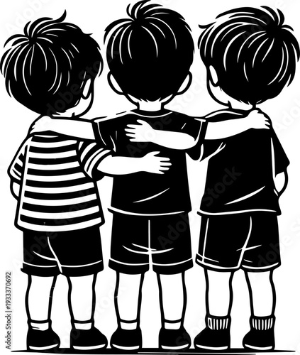 Three young boys standing together, seen from behind, with arms affectionately around each other's shoulders, symbolizing strong friendship, camaraderie, and unity among children.
