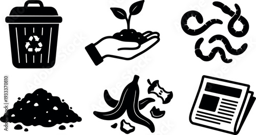 Flat design compost and recycling icon set hand holding seedling bin worms banana peel newspaper soil close up icons vector