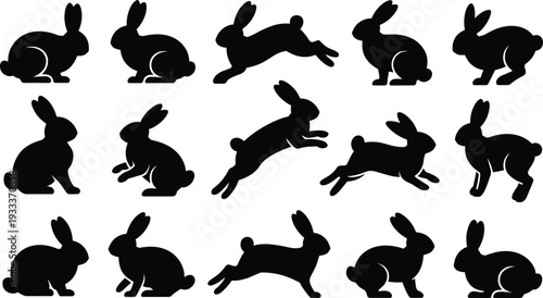 Rabbit silhouettes collection, bunny hopping and sitting vector icons, hare animal set, cad drawing flat vector illustration, black.