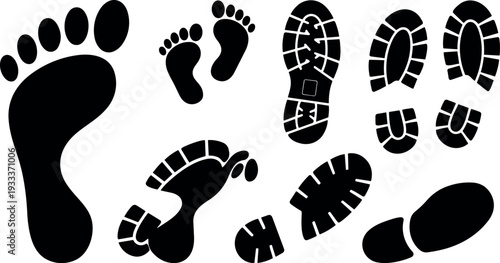 Flat design close up collection of diverse footprints and shoe soles in black silhouettes on white background various sizes icons