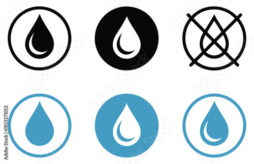 No, water drop icon set featuring black and blue water drop symbols in circular design, waterproof surface warnings, safety signs, product labels, and instruction manual illustrations, modern 