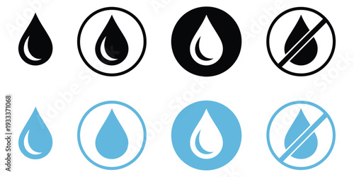 No, water drop icon set with black and blue symbols, circular design, waterproof and safety warnings, product label and instruction manual icons, clean modern flat vector
