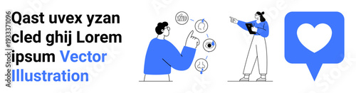 Two characters discussing tools and analytics with a heart icon symbolizing feedback and connection. Ideal for collaboration, teamwork, communication, user engagement, feedback, social media, simple