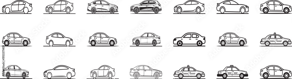 Naklejka premium Modern Car Side View Line Art Icons Set and Taxi Sedan Automobile Outline Collection