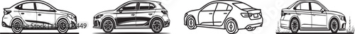 Modern Sedan Car Side View Line Art Collection and Taxi Automobile Profile Outline Set