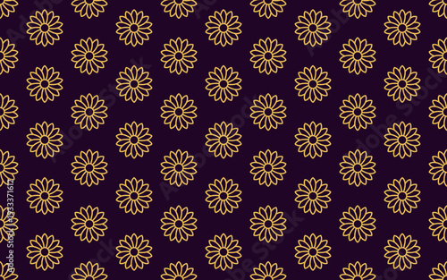 Small outline linear yellow flowers isolated on a dark red-purple background. Floral seamless pattern. Simple flat vector graphic illustration. Texture.