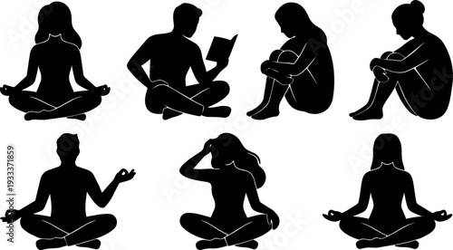 Silhouette vector set showing diverse seated poses meditation yoga reading hugging knees cross legged lotus pose side view flat minimal