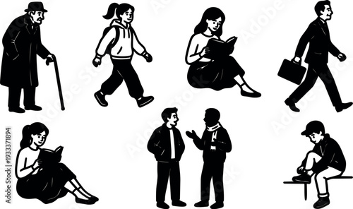 Vector art minimalist silhouettes of diverse people walking reading talking and sitting in casual urban scenes with backpack briefcase cane