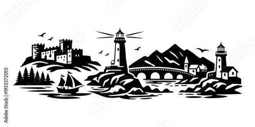 Panoramic coastal scene featuring lighthouses, an old castle, a sailboat on waves, a stone bridge, and mountains
