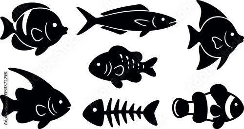 Stencil style flat vector set of seven black fish silhouettes including clown tropical carp mackerel and fishbone isolated on white