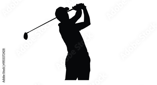 Silhouette of a golfer completing a swing against a bright white background
