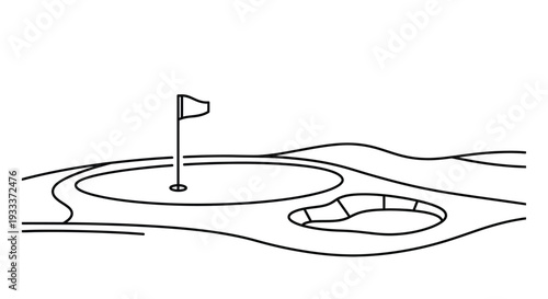 Simple line drawing of a golf green with a hole and surrounding landscape