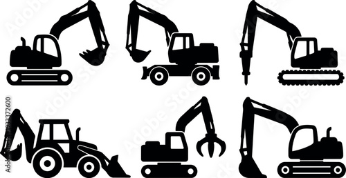 Flat design construction vehicle icon set showing multiple excavators backhoe loader demolition grapple silhouettes black vector clean monochrome simple icons