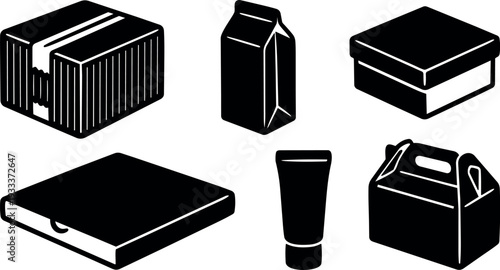 Minimalist icon set of six packaging silhouettes close up top angle with tube box carton parcel bold vector flat art