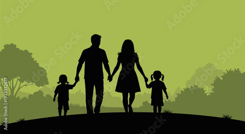 Family Silhouette Walking Hand in Hand Together.