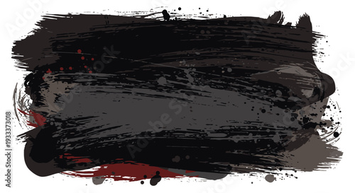 Abstract black paint stroke with red accents on white background.