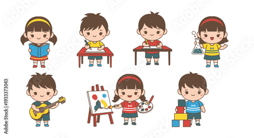Cartoon children engaging in various creative activities like painting and playing instruments.
