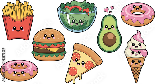 This collection features adorable fast food items with cute faces and big eyes. From a healthy avocado salad to a slice of pepperoni pizza, each item is drawn in a kawaii style.