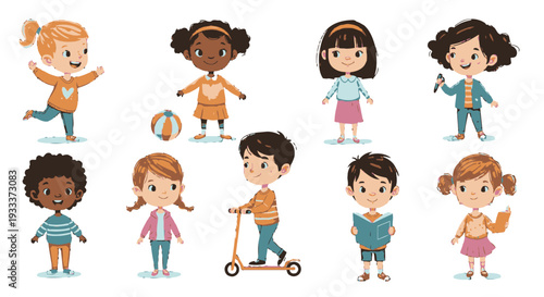 Diverse group of cartoon children playing and having fun together.