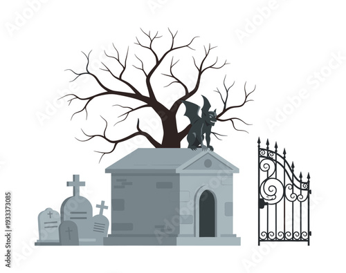 Gargoyle sculpture standing on a stone mausoleum with a bare tree, several gravestones, and an ornate black forged gate