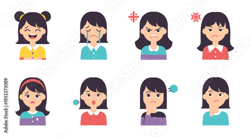 Cartoon girl expressing various emotions and reactions.