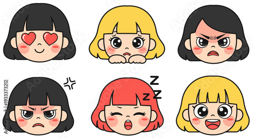 Six cartoon faces with different emotions and expressions.