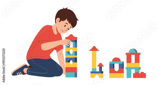 Young boy engaged in creative play with colorful building blocks.
