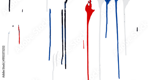 Abstract paint drips in red blue and black on white background.