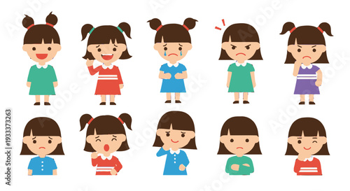 Collection of cartoon girls with different hairstyles and outfits.