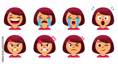 Set of cartoon girl faces showing various emotions and reactions.