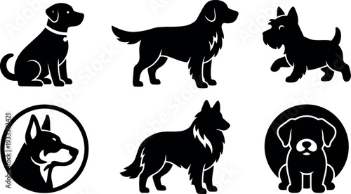 Flat design dog silhouette icon set showing six breeds side view sitting and standing simple black vector illustrations isolated minimal