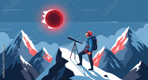 Astronaut observing solar eclipse from mountain peak.