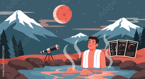 Man enjoying hot spring under blood moon with tarot cards.