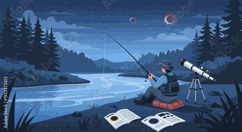 Man fishing at night with telescope and books.