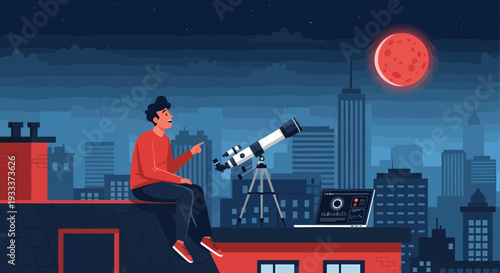 Man observing celestial event with telescope on rooftop.