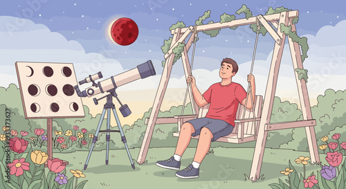 Man observing lunar eclipse with telescope in backyard.