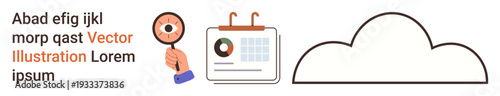 Data analytics, cloud computing, digital tools, scheduling, business processes, online storage. Magnifying glass with eye, calendar and cloud icon. Data analytics and cloud computing