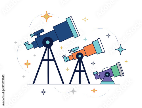 Three colorful telescopes exploring stars and cosmos. Learning about astronomy and space discovery