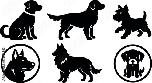 Silhouette vector dog icon set showing six different breed profiles sitting walking and standing in flat design side view badges
