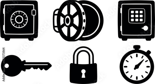 Flat design black security icon set showing closed safe vault door open reel antique wheel front view key padlock stopwatch