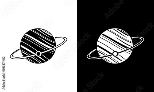 Stylized Saturn Planet Icon with Rings in Black and White.