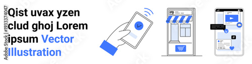 Digital finance, ecommerce, mobile payments, online security, transaction verification, contactless solutions. Hand holding smartphone, shopfront online screen. Digital finance and ecommerce concept