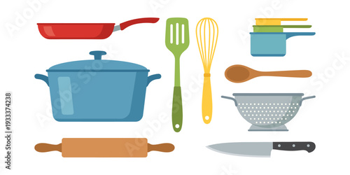 Kitchen utensils and cooking tools set. Flat design presenting pots, pans, spatulas, whisks, and other equipment for culinary work