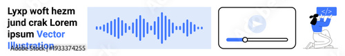 Multimedia design, digital media, coding, technology, audio processing, online platforms. Audio waveform, media player interface and person coding on a computer screen. Multimedia design and digital