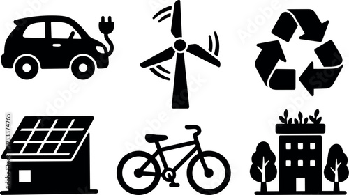Flat design icons of electric car wind turbine recycling symbol solar house bicycle and green building rooftop garden in silhouette