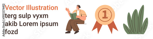 Education, achievement, personal development, growth, storytelling, sustainability. Man reading a book, a first-place medal and green leaves. Education and achievement concept