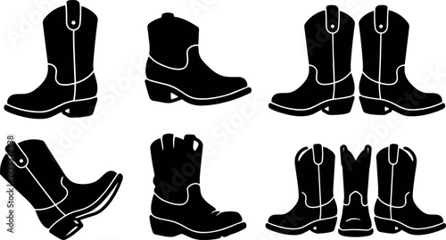 Flat design side view and front view cowboy boot and pair icons isolated on white background crisp silhouette
