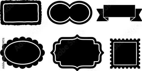 Flat vector label badge set six vintage frames and ribbon silhouettes isolated on white background minimal decorative ornate outline design